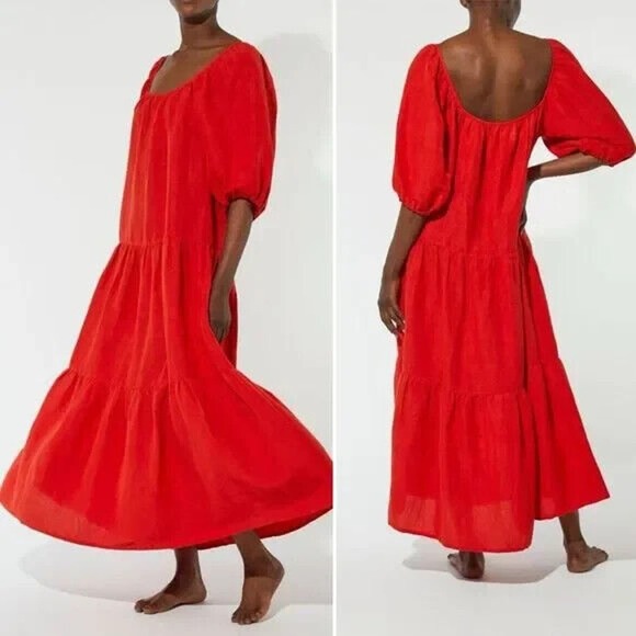 SOLID & STRIPED The Peasant Midi Dress in Candy Red - Picture 2 of 14